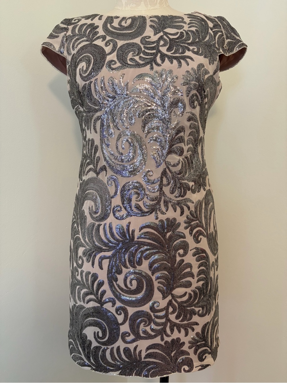 Embellished Scroll-Print Mini Dress nude gunmetal Adrianna Papell 14
